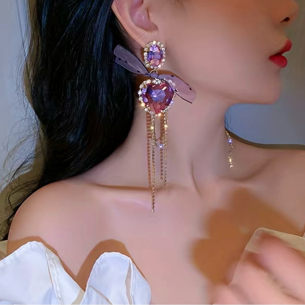 NWT Coquette Heart Shaped Crystal and Bowknot Tassel Drop Earrings in Purple. - Picture 2 of 5